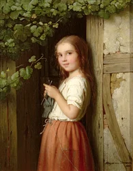 Niña joven de pie en una puerta tejiendo, 1863